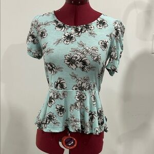 Floral Print Peplum Top - Blue and Black